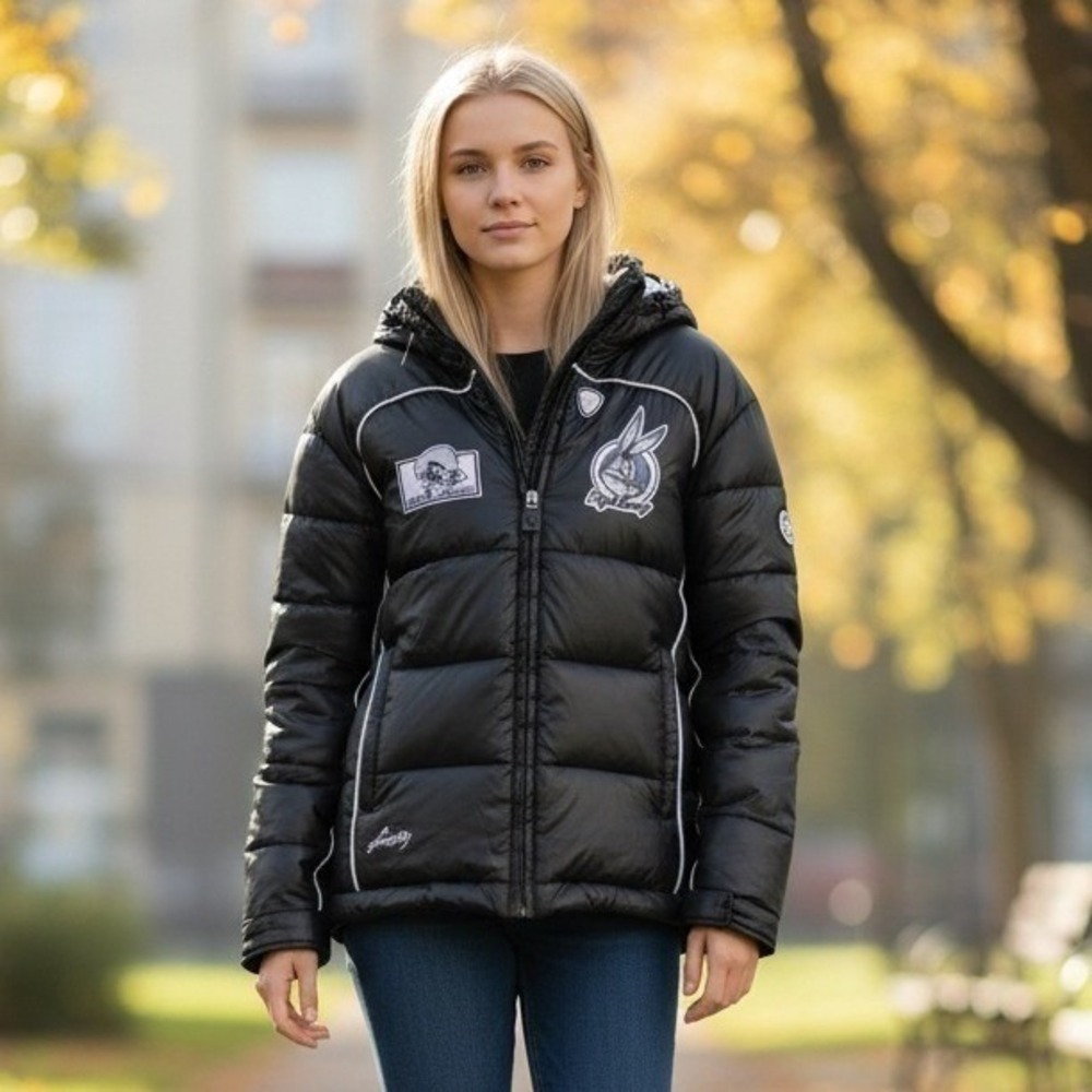 VTG Lot29 Looney Tunes Womens Puffer Jacket Black Bugs Bunny Speedy Gonzales Sm